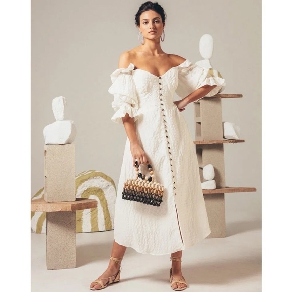 cult gaia Dresses & Skirts - CULT GAIA SIMONA SEERSUCKER LINEN WHITE OFF THE SHOULDER BUTTON DOWN MIDI DRESS